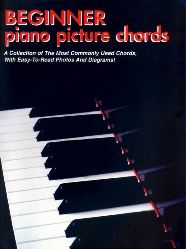 A book cover with piano pictures and chords.