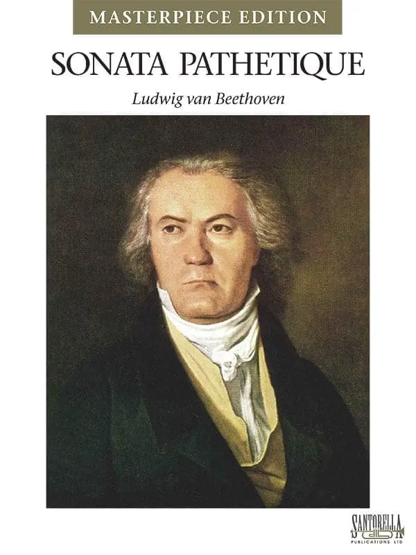 A painting of beethoven in front of the words sonate pathetique