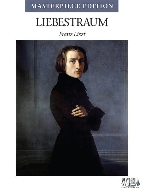 A painting of franz liszt in front of a wall.