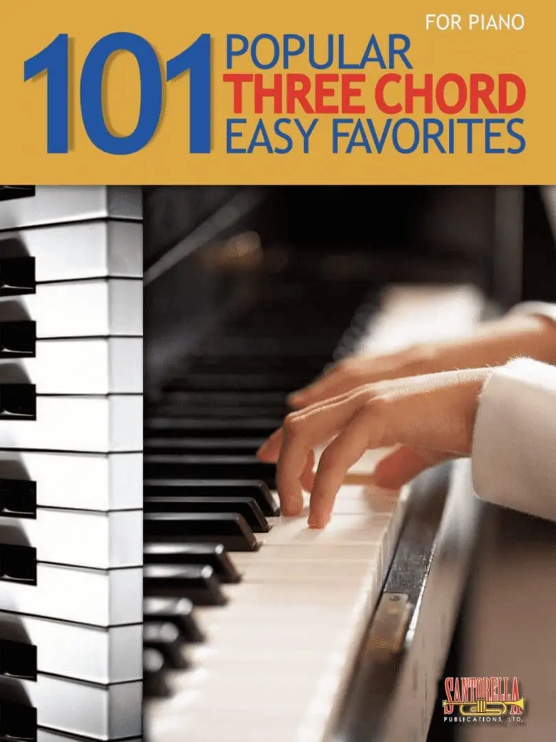 A person playing the piano with text that reads 1 0 1 three chord easy favorites.