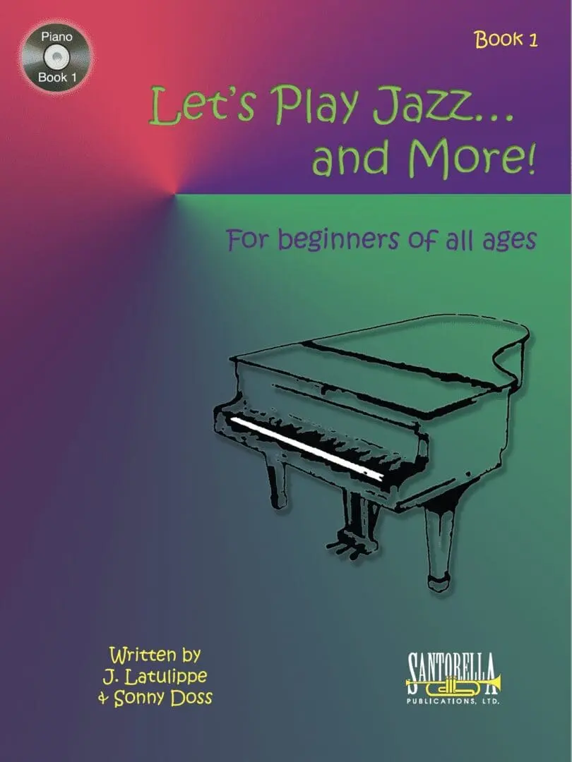 A book cover with a piano and words