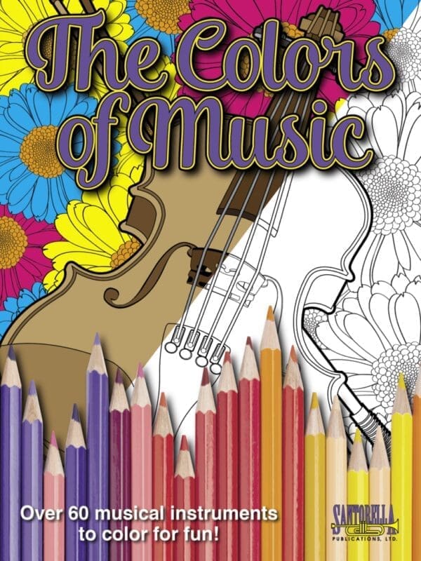 A coloring book with colored pencils and a violin