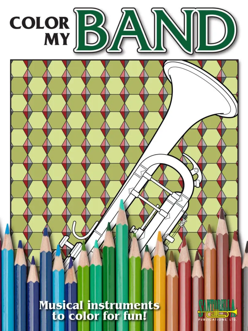 A coloring book of colored pencils and a trumpet.