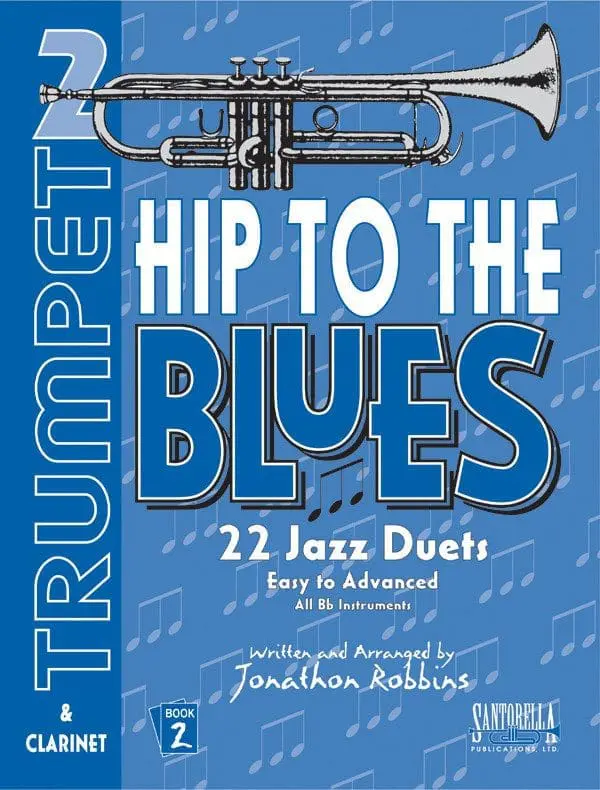 A blue book cover with a trumpet and words