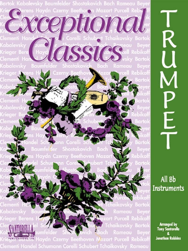 A book cover with a picture of a trumpet and some flowers