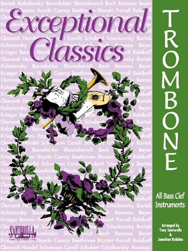 A book cover with a picture of a trombone and some flowers.