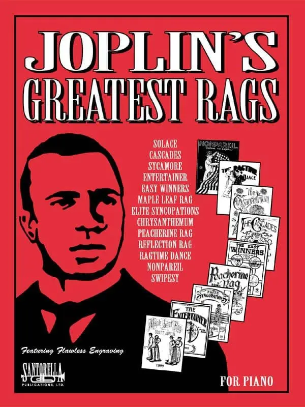 A book cover with a man holding onto the words " joplin 's greatest rags ".