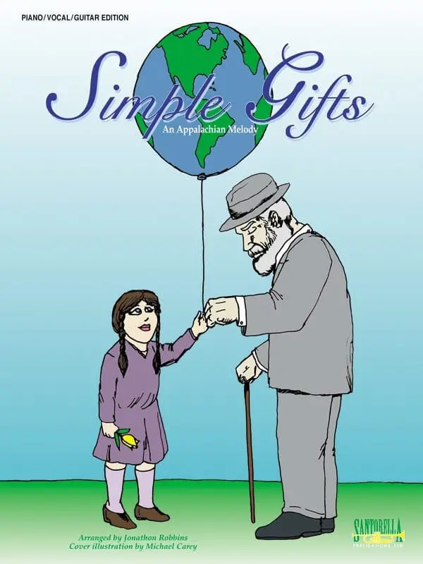 A child holding an older man 's hand while he holds onto a balloon.