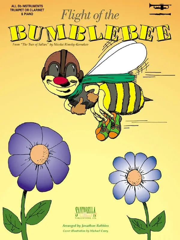 A cartoon of a bee with flowers in the background.