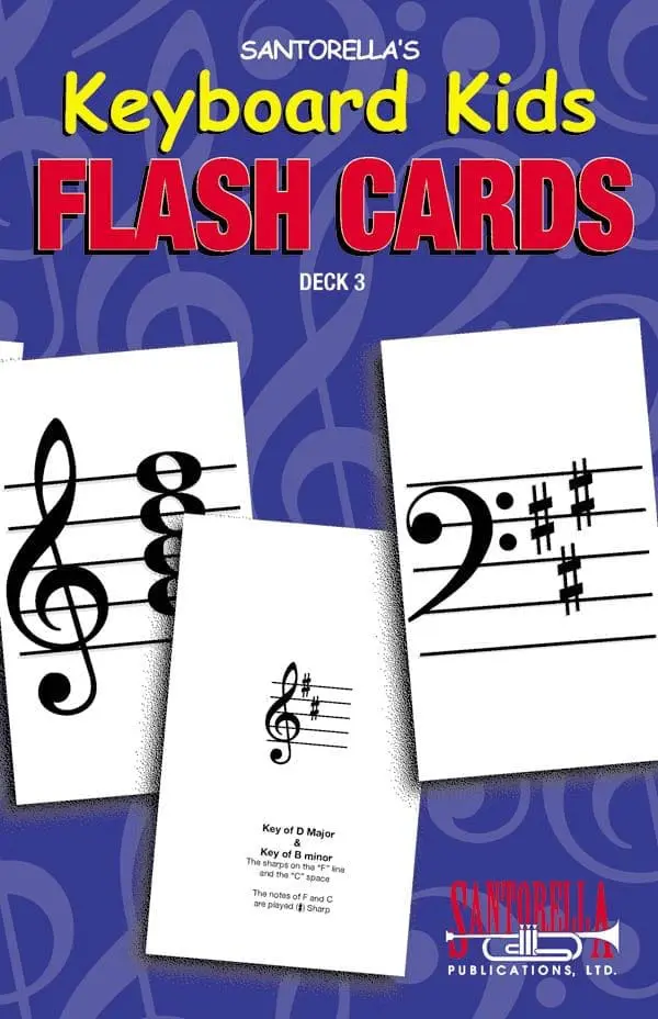 A book with several musical flash cards on it.