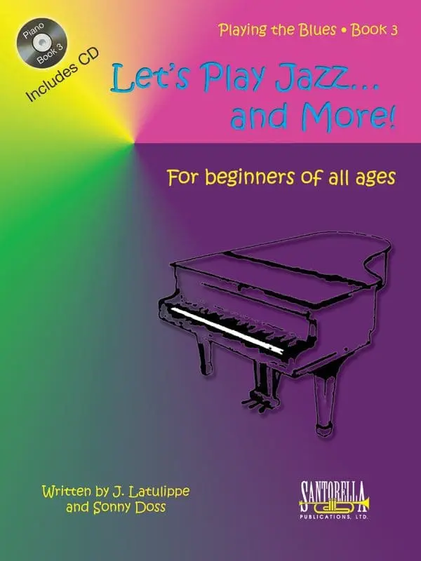 A book cover with a piano and some purple and green background