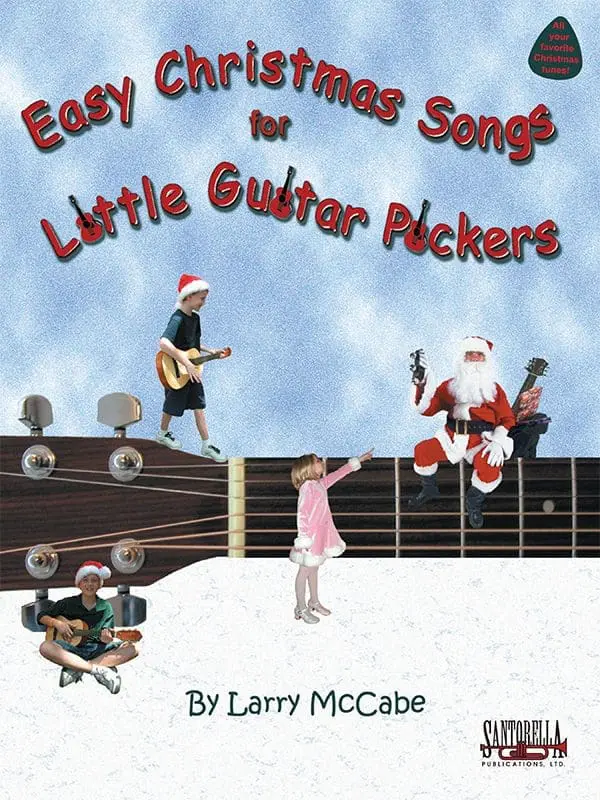A book cover with santa and children playing guitar.
