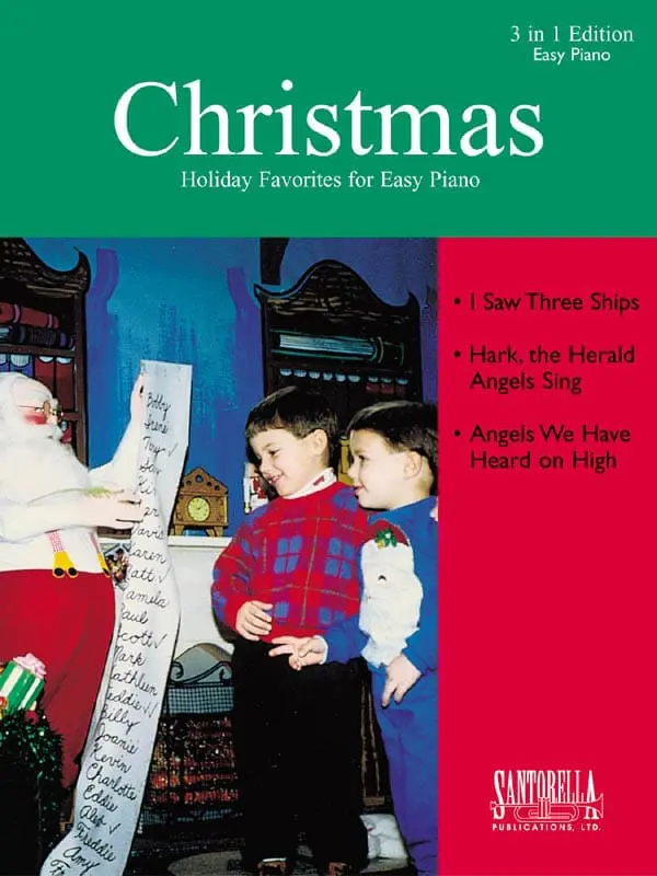 A book cover with two children and santa clause.