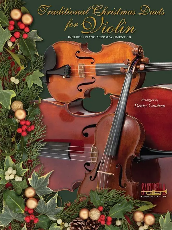 A christmas wreath with violin and cello instruments.