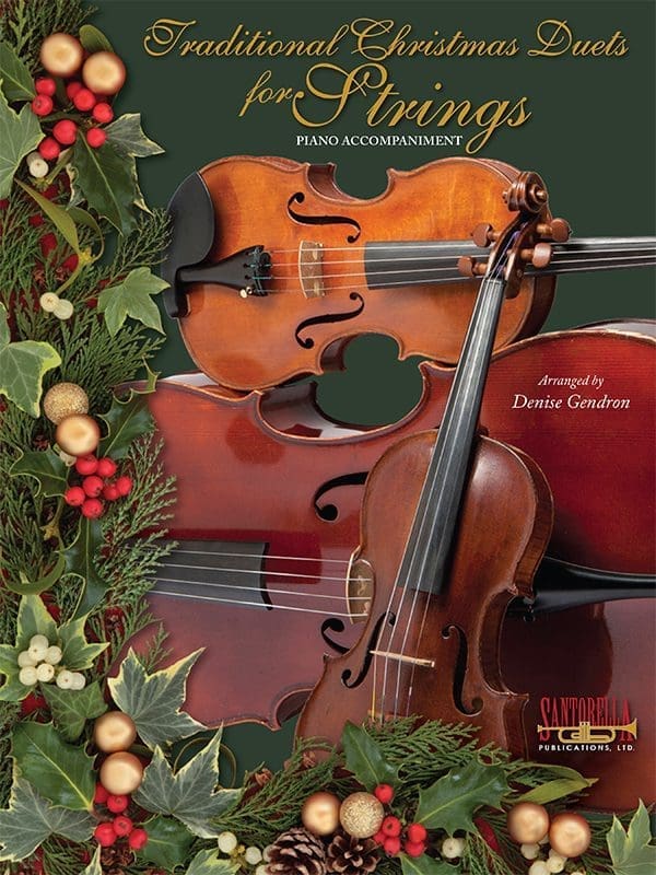 A christmas wreath with two violins and a violin bow.