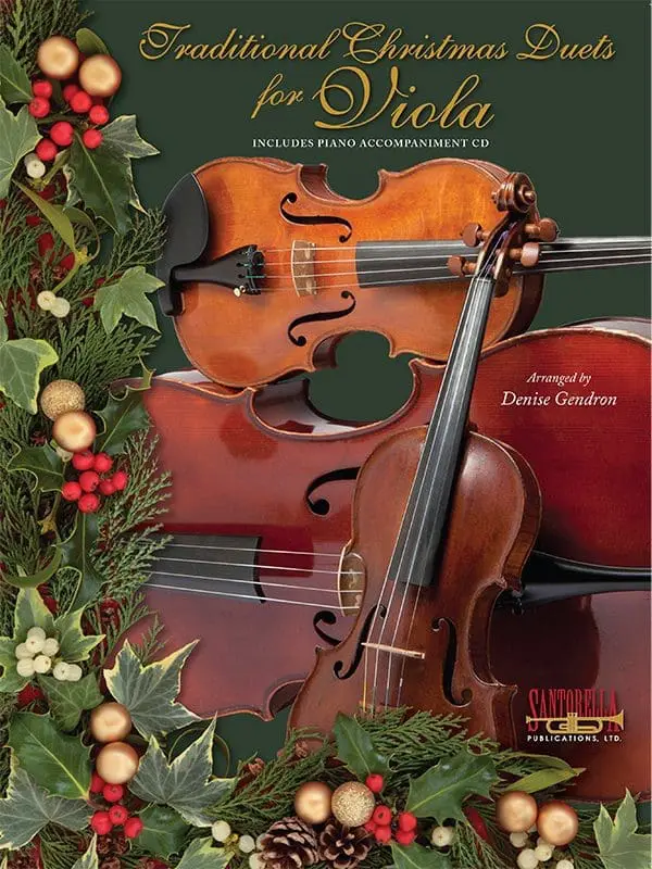 A christmas arrangement of violins and bows with holly.