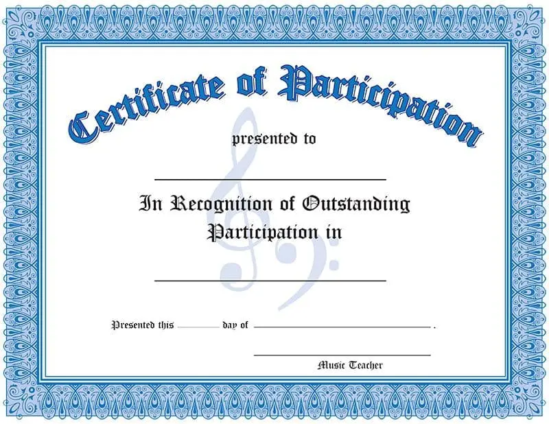 A certificate of participation with a treble clef on it.