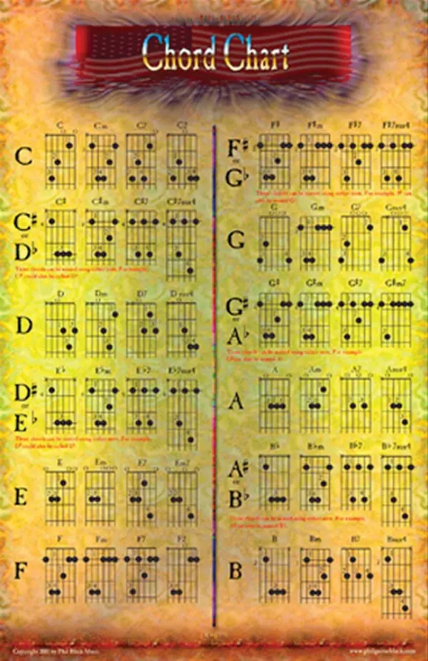 A guitar chord chart with many different chords.