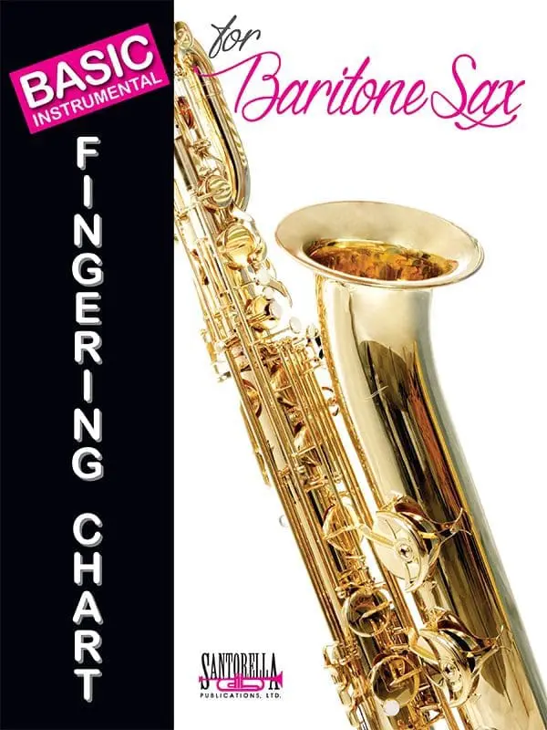 A saxophone with the words " baritone sax fingering chart ".