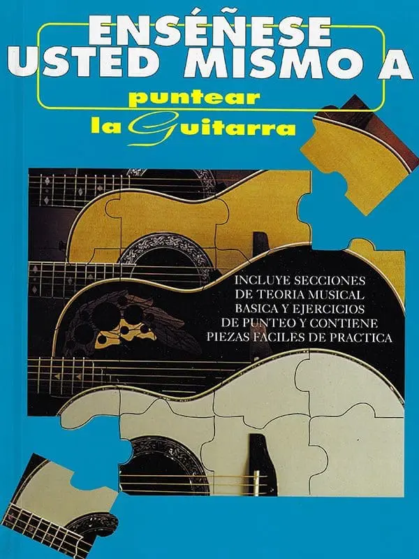 A book cover with a puzzle piece picture of an acoustic guitar.