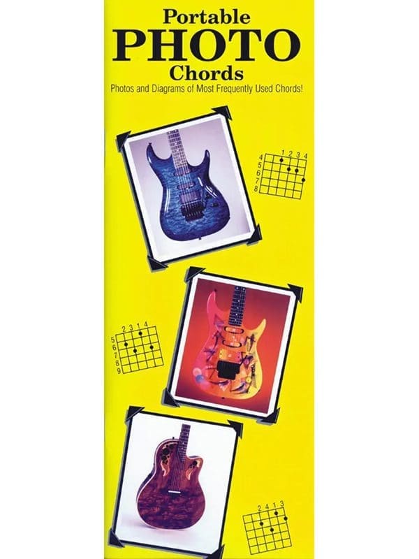 A yellow and black brochure with four guitars