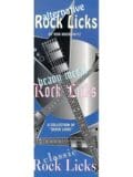 A blue and white poster with the words " rock licks " written in front of a guitar.