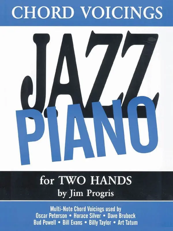 A blue and white book cover with the words " jazz piano for two hands."