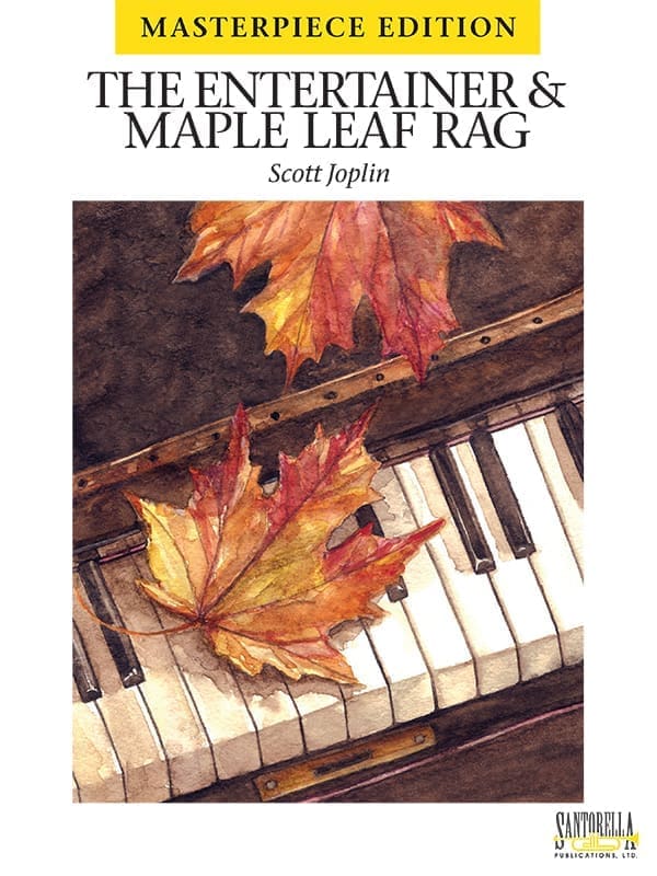A painting of two leaves on top of piano keys.