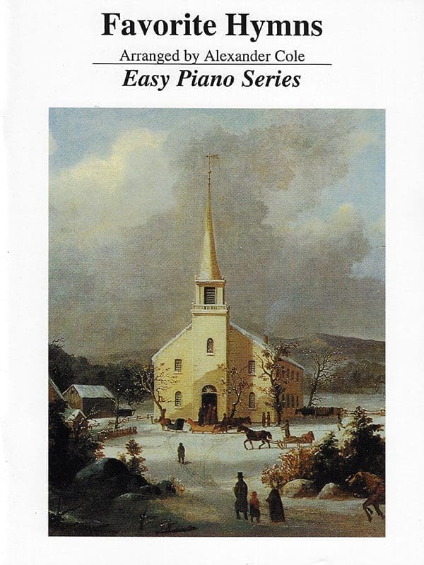 A painting of a church with horses in the snow.