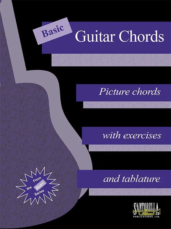 A book cover with four different guitar chords.