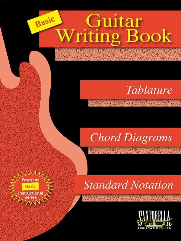 A guitar writing book with tablature, chord diagrams and standard notation.