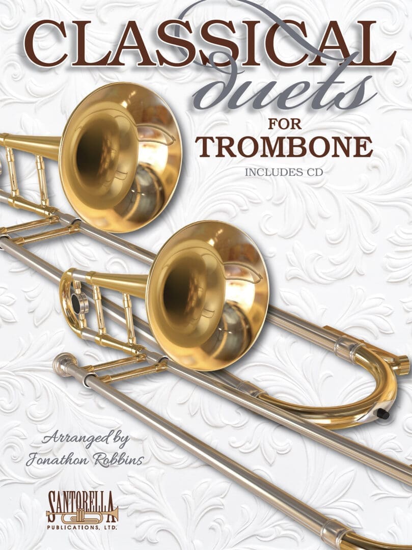 A picture of two trombones on the cover of a book.