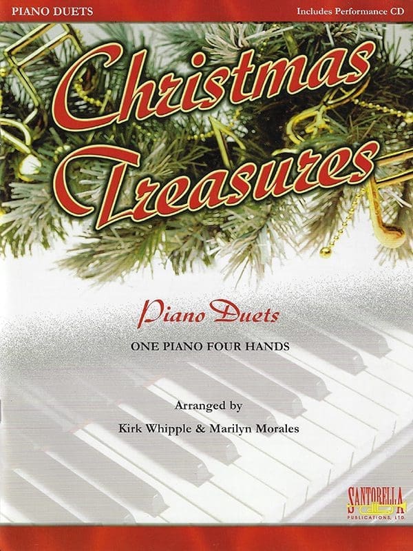 A christmas piano duet with sheet music.