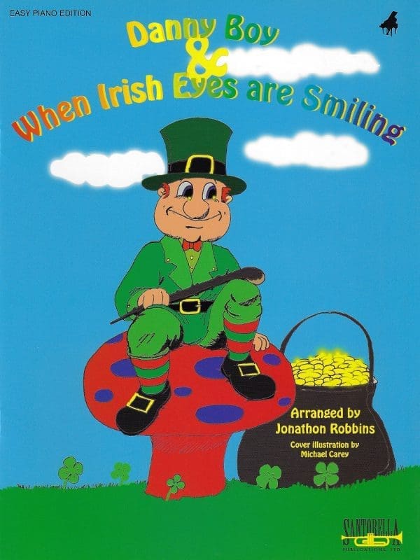 A book cover with a leprechaun sitting on top of a mushroom.