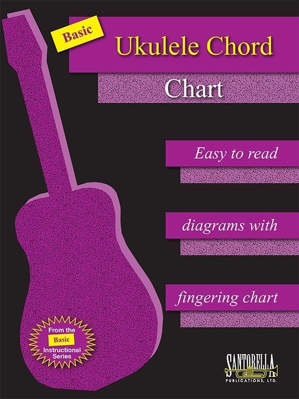 A purple guitar with the words ukulele chord chart written in it.