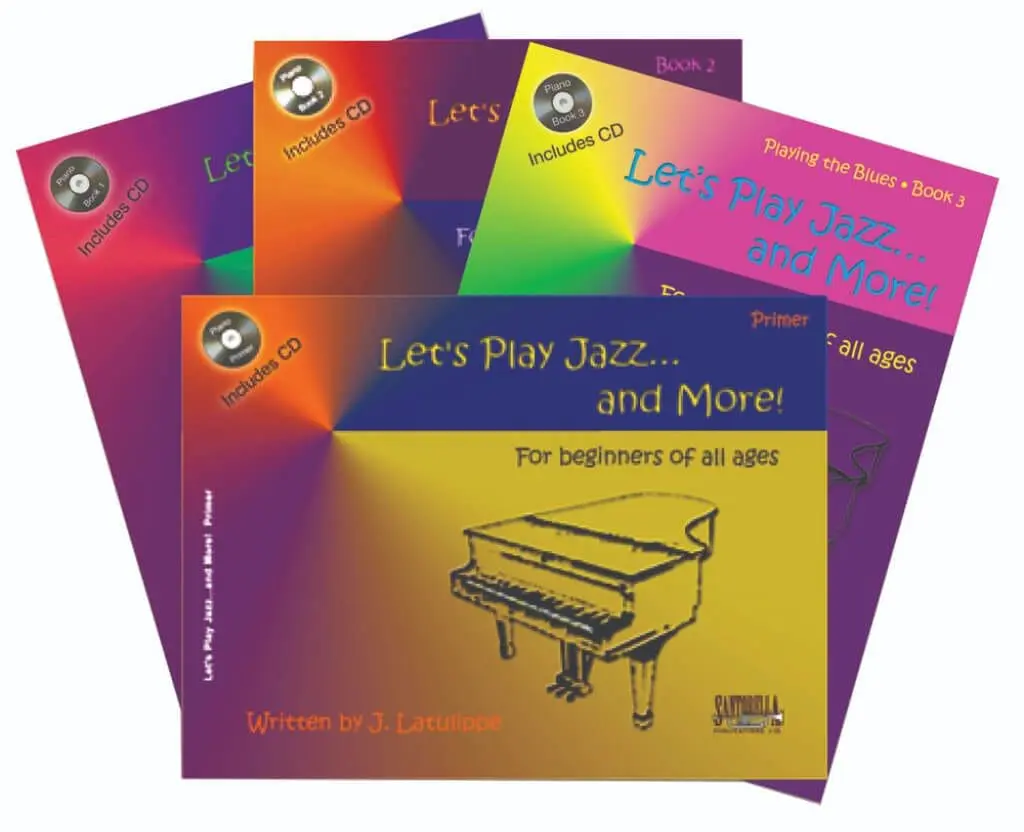 A set of four books with the title let 's play jazz and music.