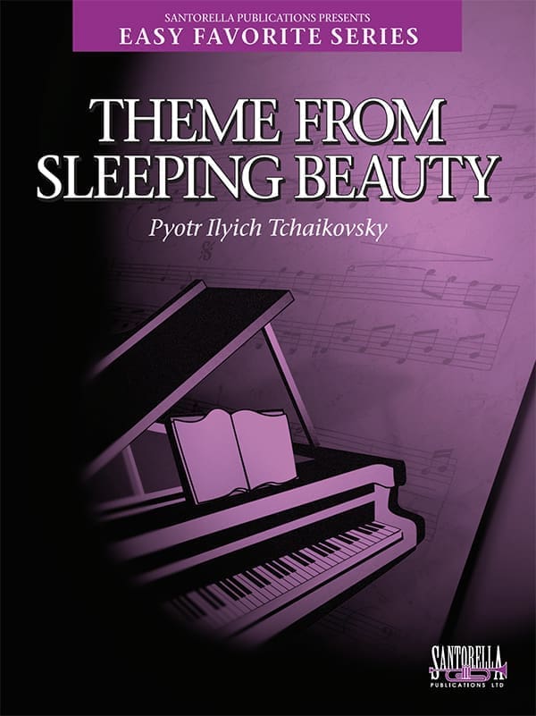 A purple piano with the words " theme from sleeping beauty ".