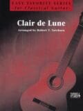 A red guitar with the words " clair de lune " written on it.