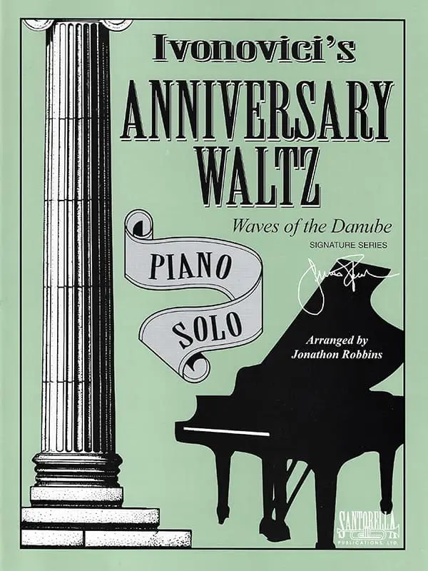 A piano solo book cover with a green background.