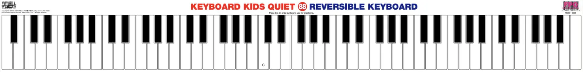 A piano keyboard with the keys labeled " kids quiet 8 8 review ".