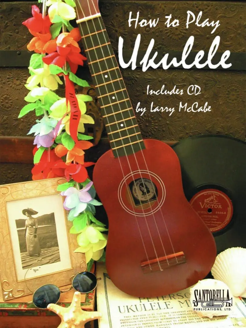 A ukulele sitting on top of a wooden table.