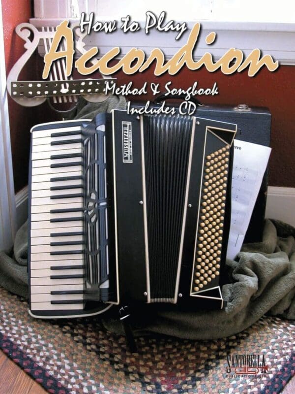 A black accordion sitting on top of a brown rug.