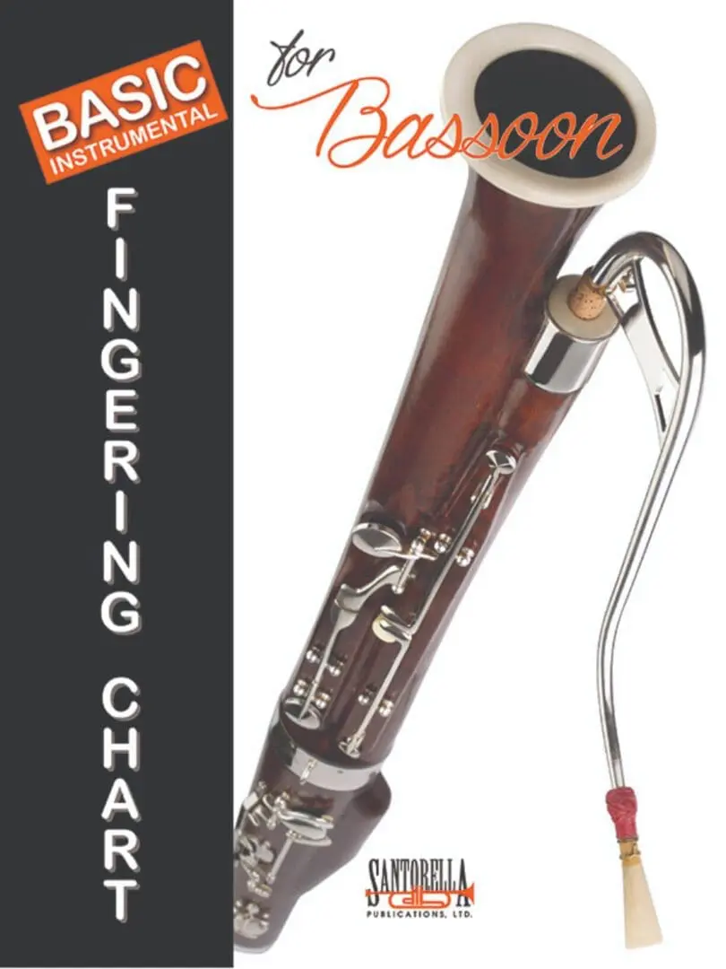 A brown and silver clarinet with the words " fingering chart ".