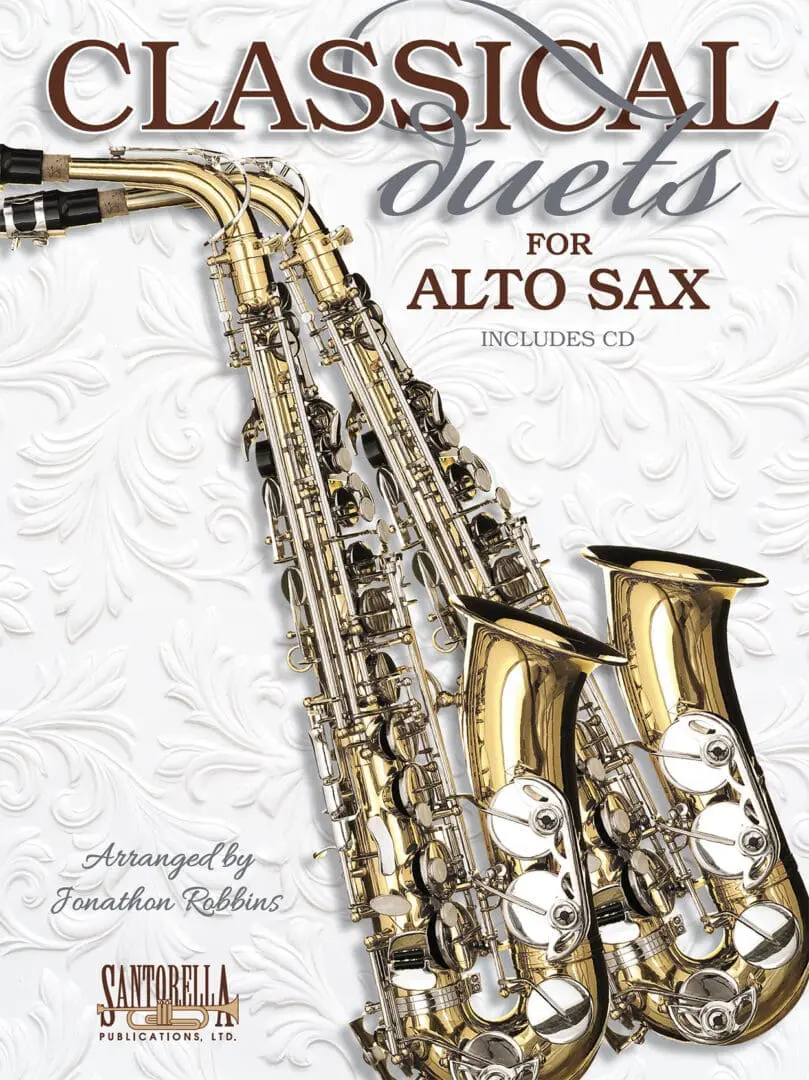 A picture of two saxophones on the cover of a book.