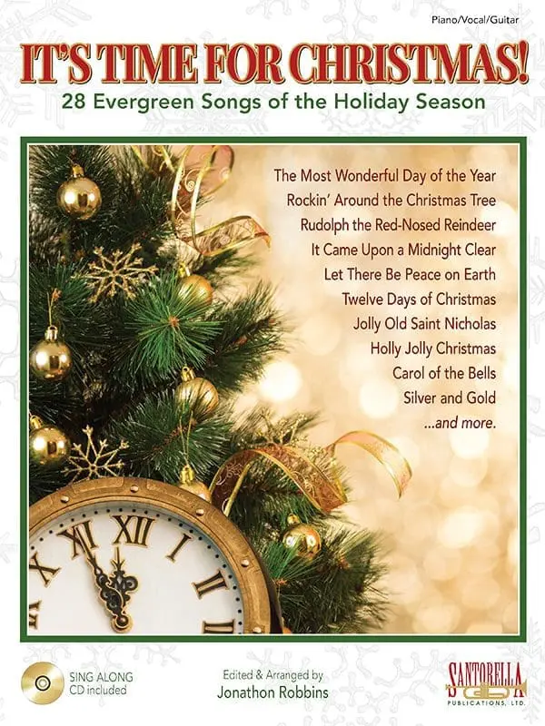 A clock and christmas tree in front of the words " 2 5 evergreen songs of the holiday season ".